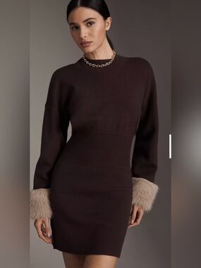 BY ANTHROPOLOGIE LONG-SLEEVE FAUX FUR TRIM SWEATER MINI DRESS, Sz M, Color: ☕️